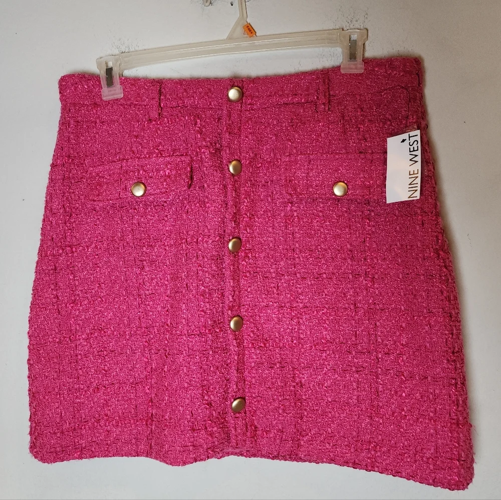 NWT Nine West Pink Tweed Mini Skirt Gold Buttons‎ Women's Size XL